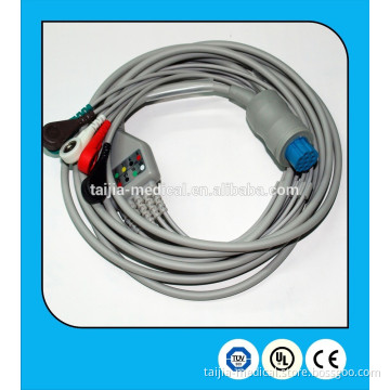 DATEX compatible fixed one-piece 5-lead ECG cable for patient monitor with snap terminals